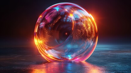 Abstract 3D glass liquid with holographic effect. Transparent glass circle liquid object, soap bubble with reflection. 3D modern illustration. - obrazy, fototapety, plakaty