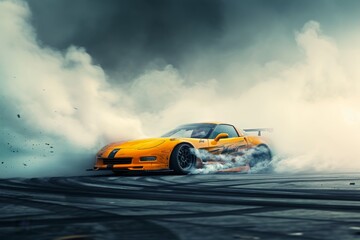 Yellow Sports Car Emitting Smoke, A sports car victorious, spinning â€˜donutsâ€™ on the track after winning a race, AI Generated