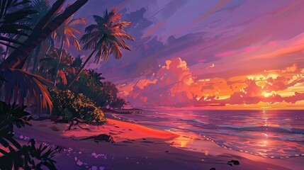 Tropical sunset beach. Generative AI - obrazy, fototapety, plakaty