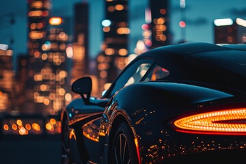 Black Sports Car Parked in Front of City at Night, A sports car with a city skyline reflected in...