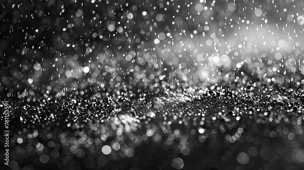 Poster An overlay effect of rain and fog on a black background, with abstract splashes of snow and rain, without motion, with white particles frozen in motion.