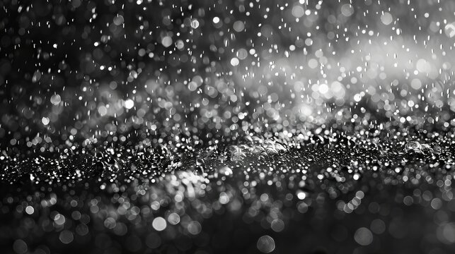 An overlay effect of rain and fog on a black background, with abstract splashes of snow and rain, without motion, with white particles frozen in motion.