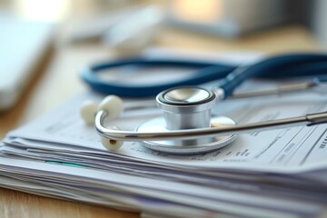 Stethoscope on Top of a Pile of Papers, A stainless steel stethoscope casually placed on a stack of medical reports, AI Generated