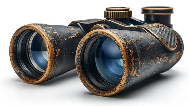 Viewfinder of a pair of binoculars (looking through them with a pair of binoculars) isolated on a white background, a template for creating landscape images.