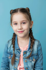 Little girl on a blue background smiling
