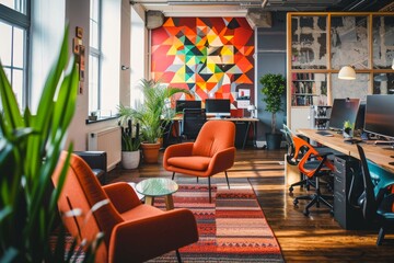 This photo depicts a room filled with numerous chairs and a rug laid out on the floor, A start-up office with colorful decorations, AI Generated