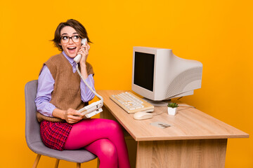 Photo portrait of attractive young woman talk phone look empty space dressed retro office clothes...