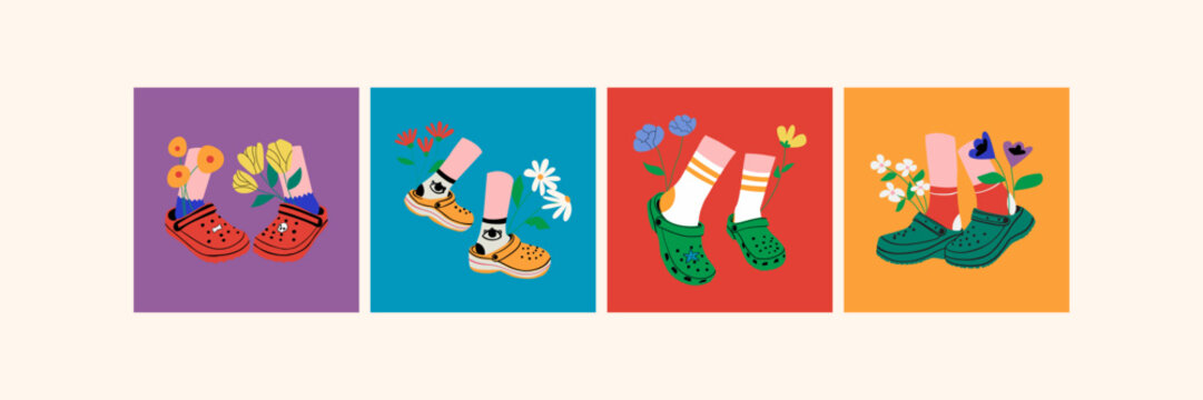 Set of pairs of female leg wearing Crocs with flowers. Vector ilustration.