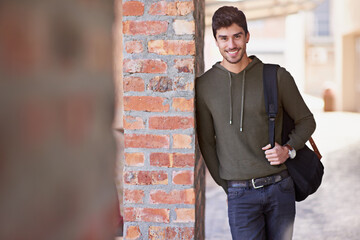 Student, portrait and backpack for break from college, university or higher education class on...