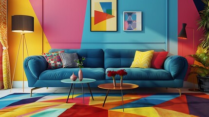 a cozy blue sofa in the colorful living room with geometric decoration