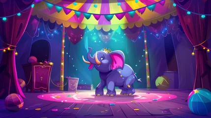 Fotobehang Carnival entertainment with wild animal acrobat performing on stage, funfair amusement park magic show, cartoon modern illustration of a circus elephant on ball at a big top tent arena with garlands. © Mark