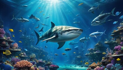 Fototapeta na wymiar A formidable shark dominates the bustling underwater scene, gliding through a vibrant coral reef teeming with diverse marine life.. AI Generation