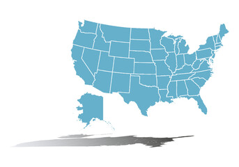 Mapa azul de Estados Unidos de América en fondo blanco.