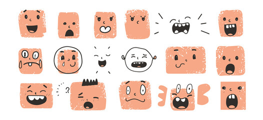 Set of cartoon faces. Expressive eyes and mouth comic emotions