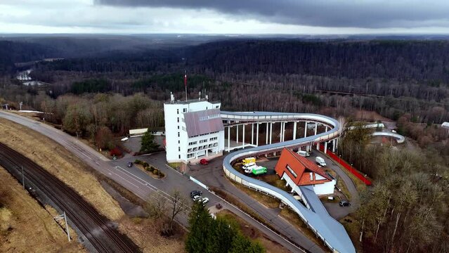 Sigulda Bobsleigh and Luge Track in aerial view on an overcast day in Latvia