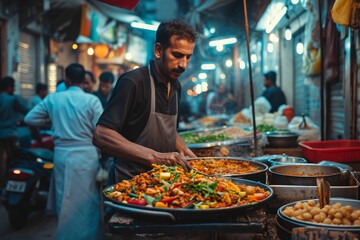 A man is seen actively preparing food at a street vendor, skillfully cooking and arranging ingredients, A street food vendor during Ramadan, AI Generated
