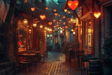 A cobblestone street illuminated by lanterns hanging from the ceiling, creating a warm and inviting...