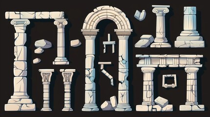 Ancient greek or roman arches carved from white marble. Modern cartoon set containing ancient architecture elements, an entrance with stone pillars and columns isolated on a black background.