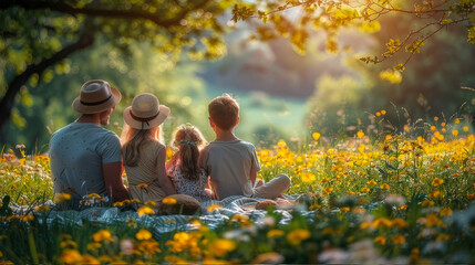 Relaxation and recreation: Happy family enjoying picnic in the countryside