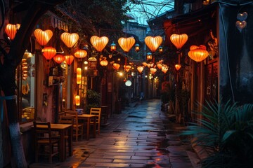 A narrow street filled with a multitude of lanterns hanging from the ceiling, casting a warm and inviting glow, A street lit by heart-shaped lanterns and lined with charming cafes, AI Generated