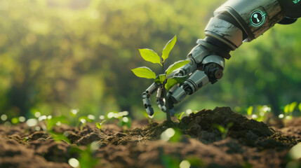close up of robot arm planting young tree in soil, nature and environment concept