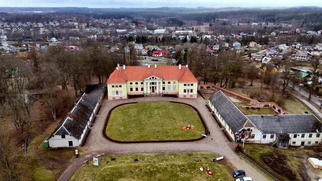 Durbe castle in aerial panoramic view on an overcast day
