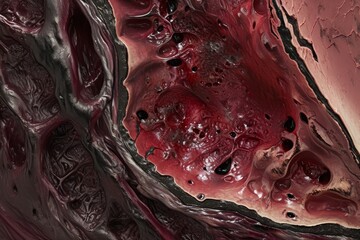 This close-up photo showcases a vivid red and black substance, emphasizing its striking colors and textures, A stylized cross-section of a bruised body part, AI Generated