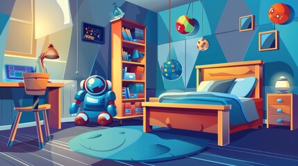 An interior of a boys bedroom with bed, bookshelf, cupboard, chair and toy box. Modern cartoon illustration of a kids room on the wall with nightstand, books, ball, rocket and robot.