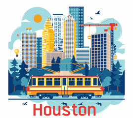 A cityscape of Houston with a yellow and red trolley. The city is full of tall buildings and trees