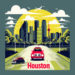 A cityscape with a red car driving down a road with the words Houston written below. The image has a mood of excitement and adventure