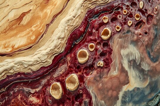 This close-up photograph captures the vibrant colors of red and brown paint on a table top, A stylized cross-section of a bruised body part, AI Generated