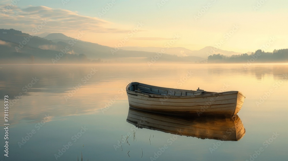 Poster small boat on lake with distant mountains