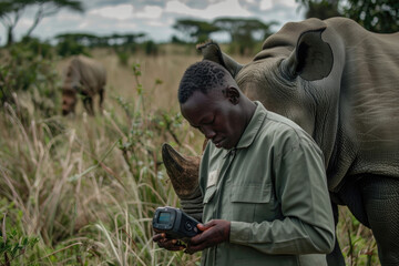 Ranger Using GPS Device for Wildlife Tracking with Rhino in Background