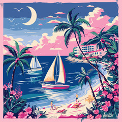 Fototapeta na wymiar A painting of a beach with palm trees and a sailboat. The mood of the painting is peaceful and relaxing