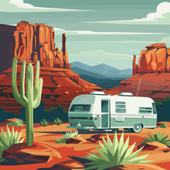 A white camper is parked in the desert next to a cactus Arizona. The scene is serene and peaceful, with the mountains in the background and the desert landscape in the foreground