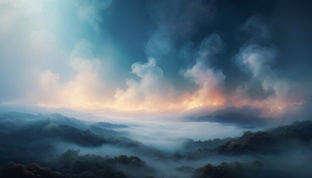 This stock image captures a tranquil dreamscape with rolling mist over forested mountains, under a surreal sky at dawn or dusk.. AI Generation