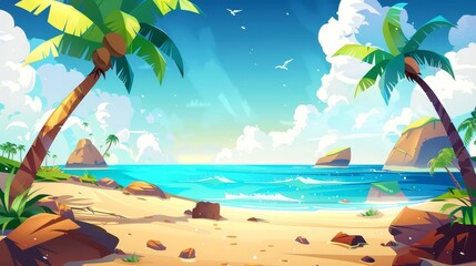 Fototapeta na wymiar The tropical beach landscape has palm trees, golden sand, and rocks surrounded by blue water under a fluffy cloudy sky. Beautiful paradise seaside, island in the ocean, game location, cartoon modern