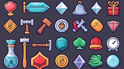 Modern set of icons and assets for rpg computer or mobile games with symbols of keys, playing cards, clocks, money, gift boxes and diamonds.