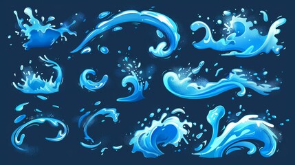 Modern cartoon set of flowing water streams, tide, falling aqua, and burst effect with splat isolated on a blue background.