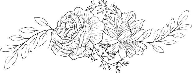 Hand drawn rose and peony arrangements with leaves and branches. © AWStudios