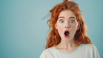 Surprised ginger woman on pastel blue background, with copy space