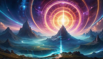 A cosmic phenomenon unfolds over an alien landscape, where a radiant gateway opens above jagged mountains. AI Generation
