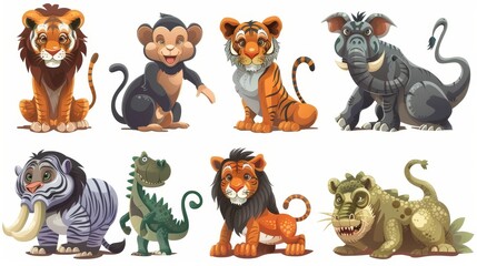 Fototapeta premium Various wild animals in a zoo, safari park, or jungle. Tiger, monkey, zebra, lion, elephant, and crocodile.