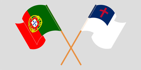 Crossed and waving flags of Portugal and christianity