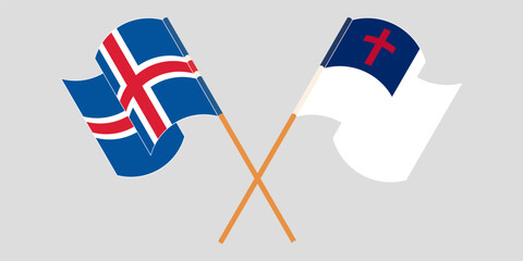 Crossed and waving flags of Iceland and christianity