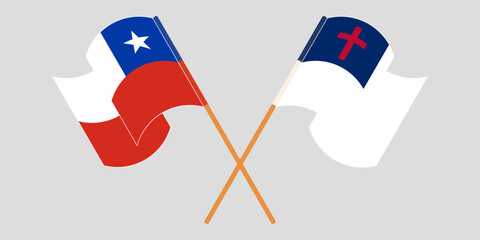 Crossed and waving flags of Chile and christianity