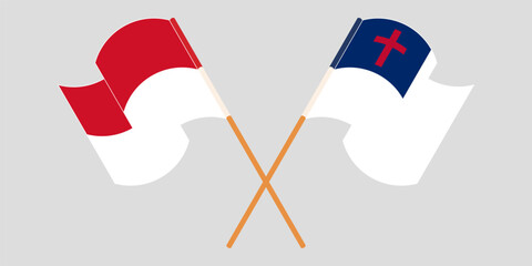 Crossed and waving flags of Indonesia and christianity