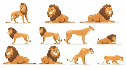 An isolated set of lion wild african animals. A powerful lion in different poses. This majestic lion is posing standing, sitting, lying, hunting, stretching his body, a zoo park predator.