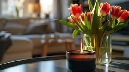 Burning candle and tulips in home interior