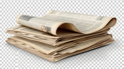 Folded sheets of a journal, magazine, tabloid or gazzete with headlines, articles, and picture frames on transparent background. Modern illustration.